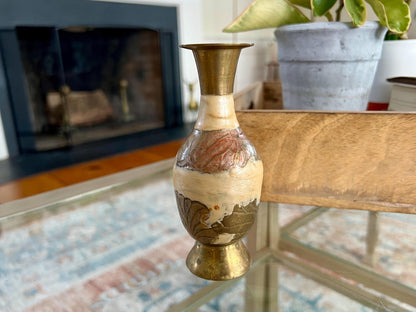 Vintage Designer Etched Floral Brass Vase, Beige Enamel Brass Vase, Bud Vase, Artwork - Loom Vintage