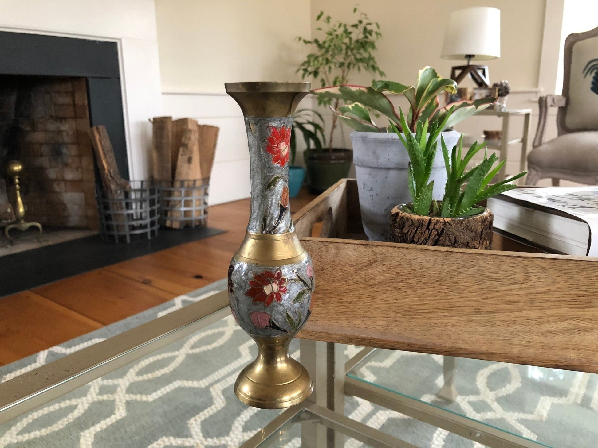 Vintage Designer Floral Brass Vase, Colorful Brass Vase, Art - Loom Vintage