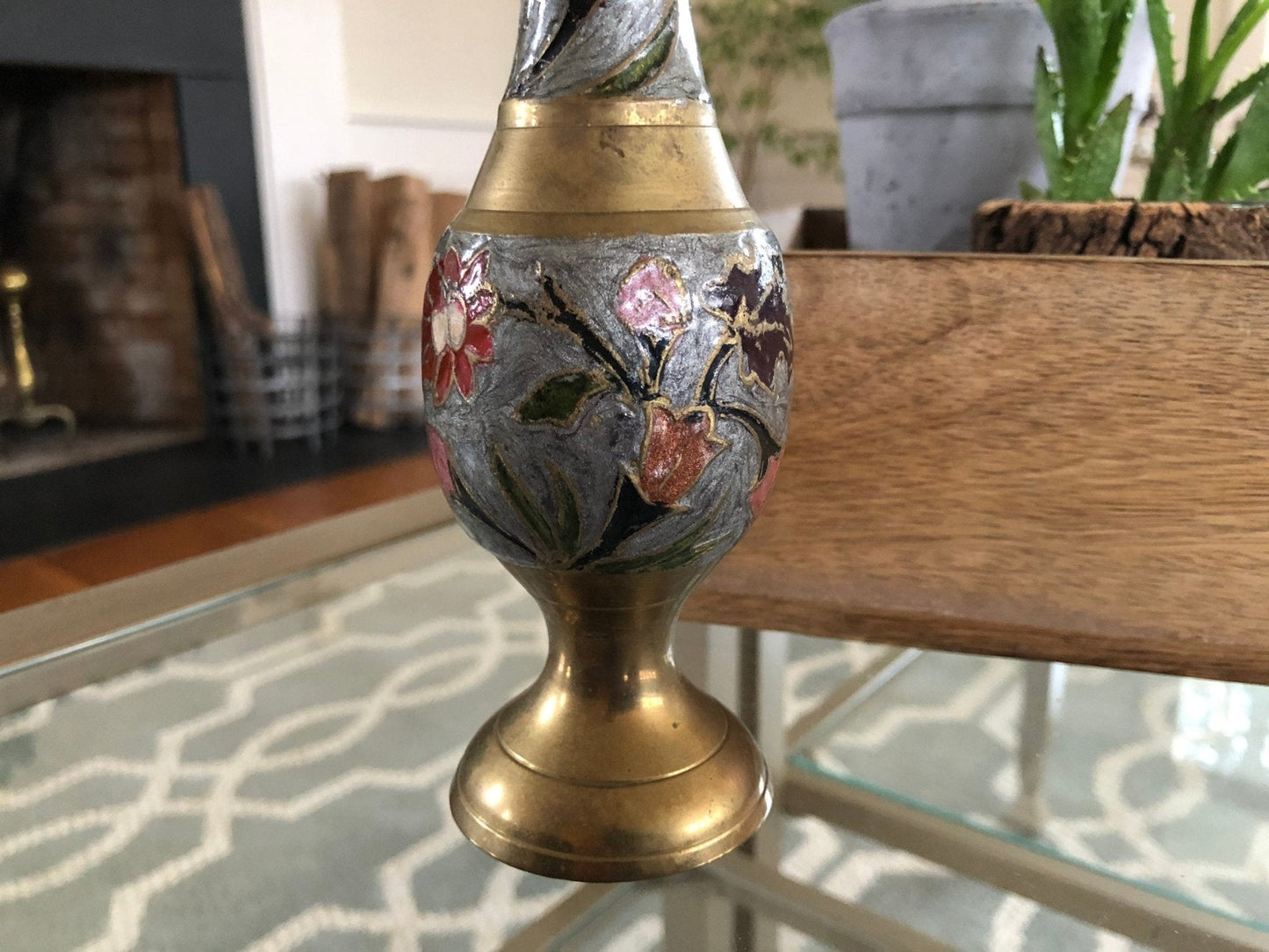 Vintage Designer Floral Brass Vase, Colorful Brass Vase, Art - Loom Vintage