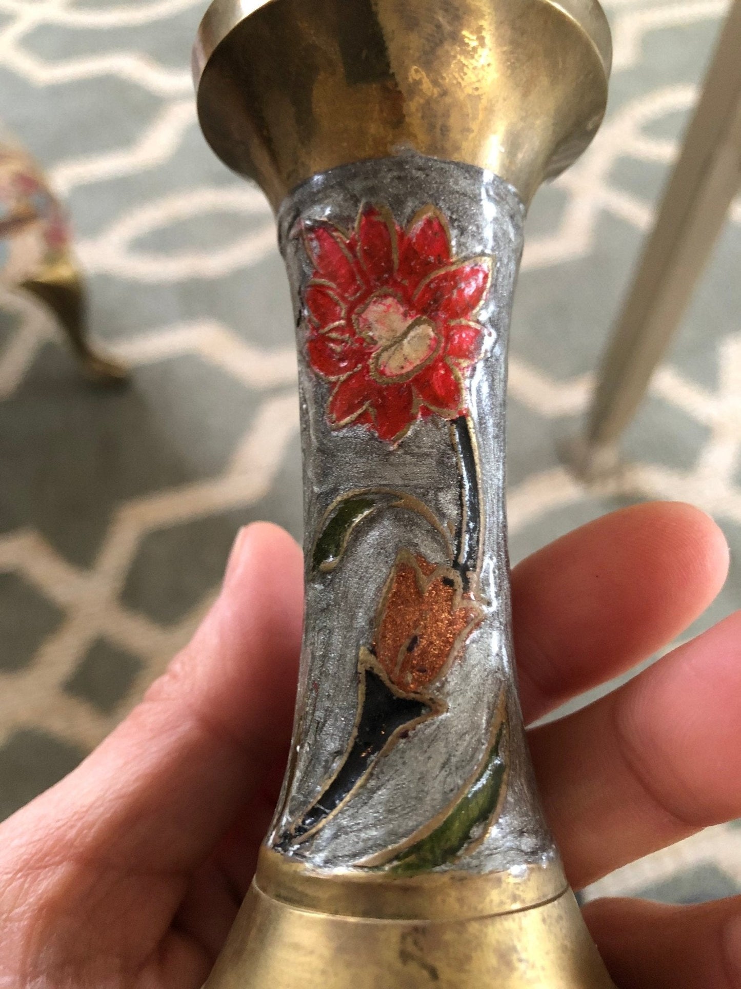 Vintage Designer Floral Brass Vase, Colorful Brass Vase, Art - Loom Vintage
