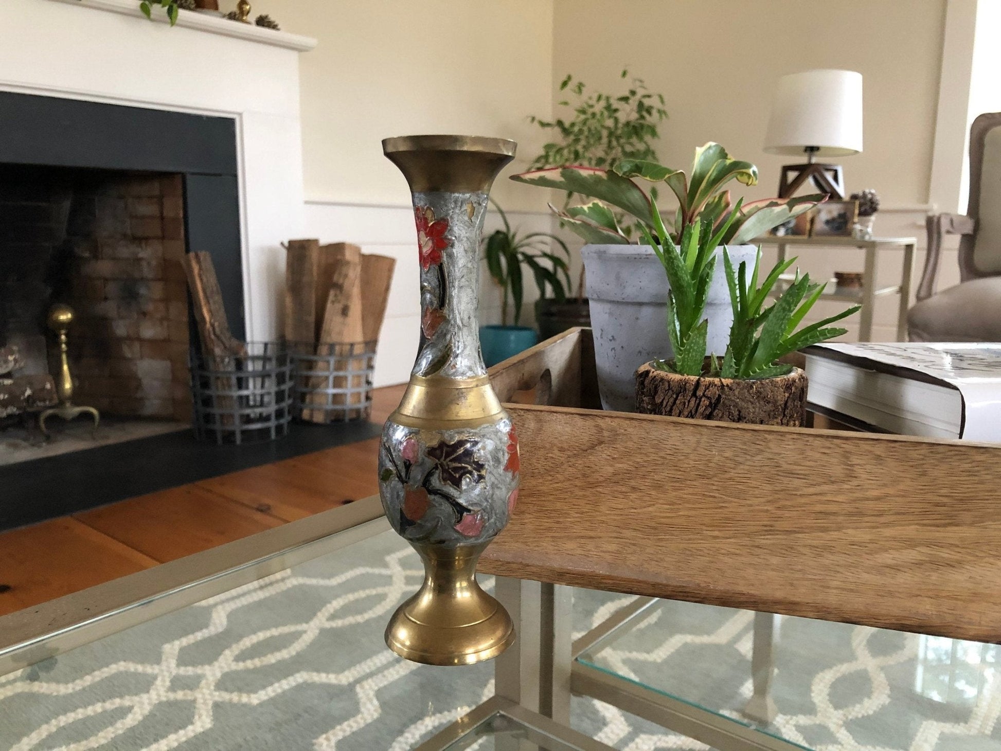 Vintage Designer Floral Brass Vase, Colorful Brass Vase, Art - Loom Vintage