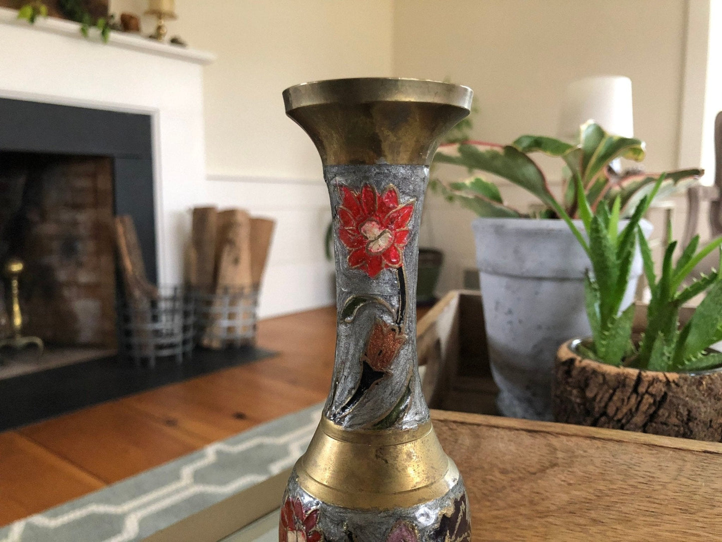 Vintage Designer Floral Brass Vase, Colorful Brass Vase, Art - Loom Vintage