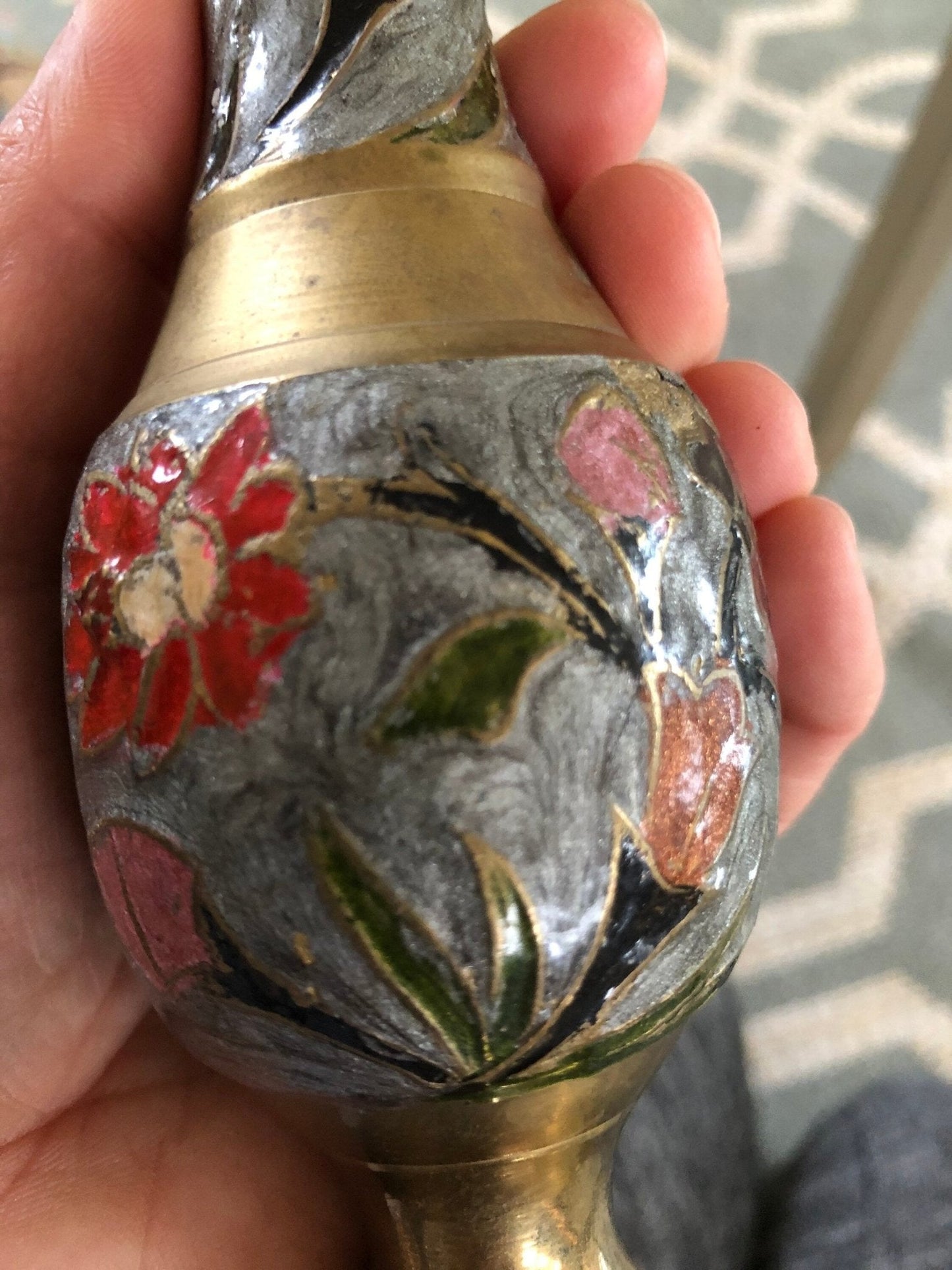 Vintage Designer Floral Brass Vase, Colorful Brass Vase, Art - Loom Vintage