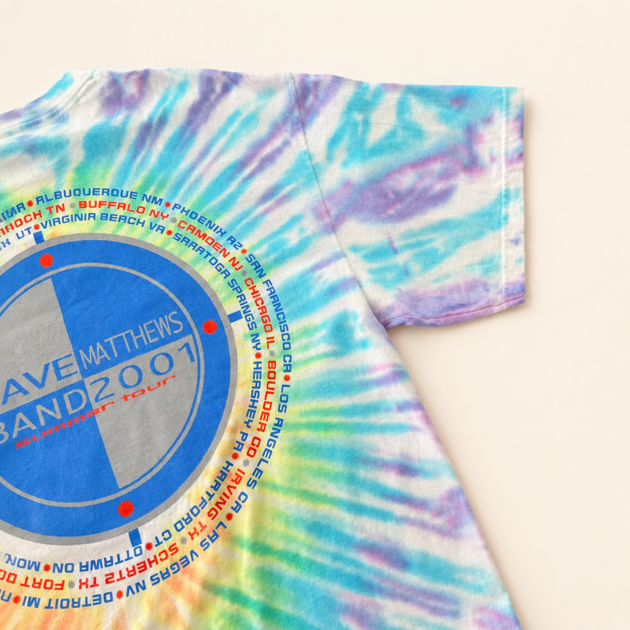 Back right sleeve and tour date ring of vintage 2001 Dave Matthews Band tie-dye t-shirt
