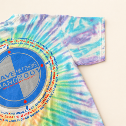 Back right sleeve and tour date ring of vintage 2001 Dave Matthews Band tie-dye t-shirt
