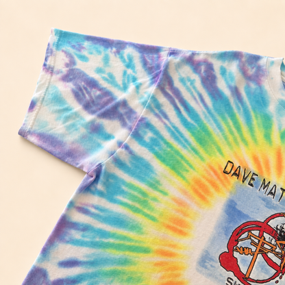 Left sleeve and shoulder of Dave Matthews Band 2001 tie-dye t-shirt, rainbow spiral pattern
