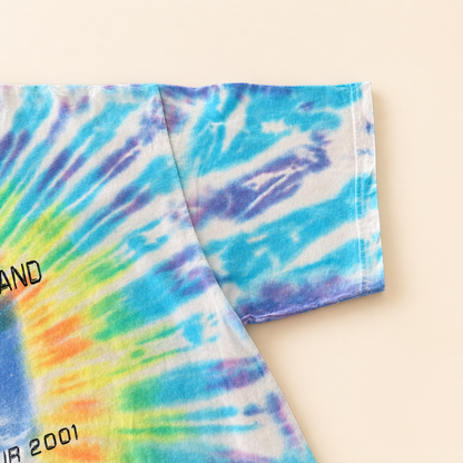 Right sleeve of vintage 2001 Dave Matthews Band tie-dye tee, blue and purple spiral dye