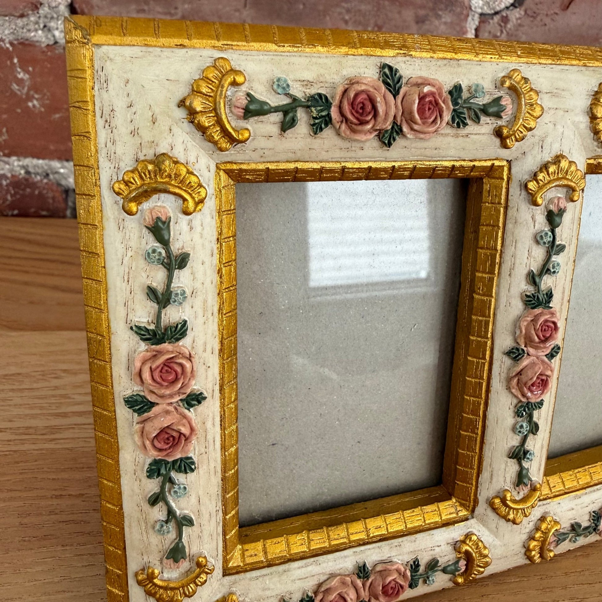 Vintage Double Photo Frame Floral Gold Gilt Roses 2x3 - Loom Vintage