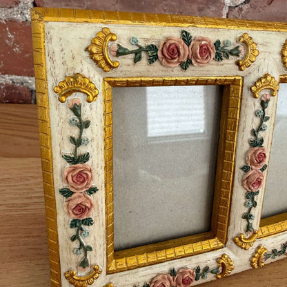 Vintage Double Photo Frame Floral Gold Gilt Roses 2x3 - Loom Vintage