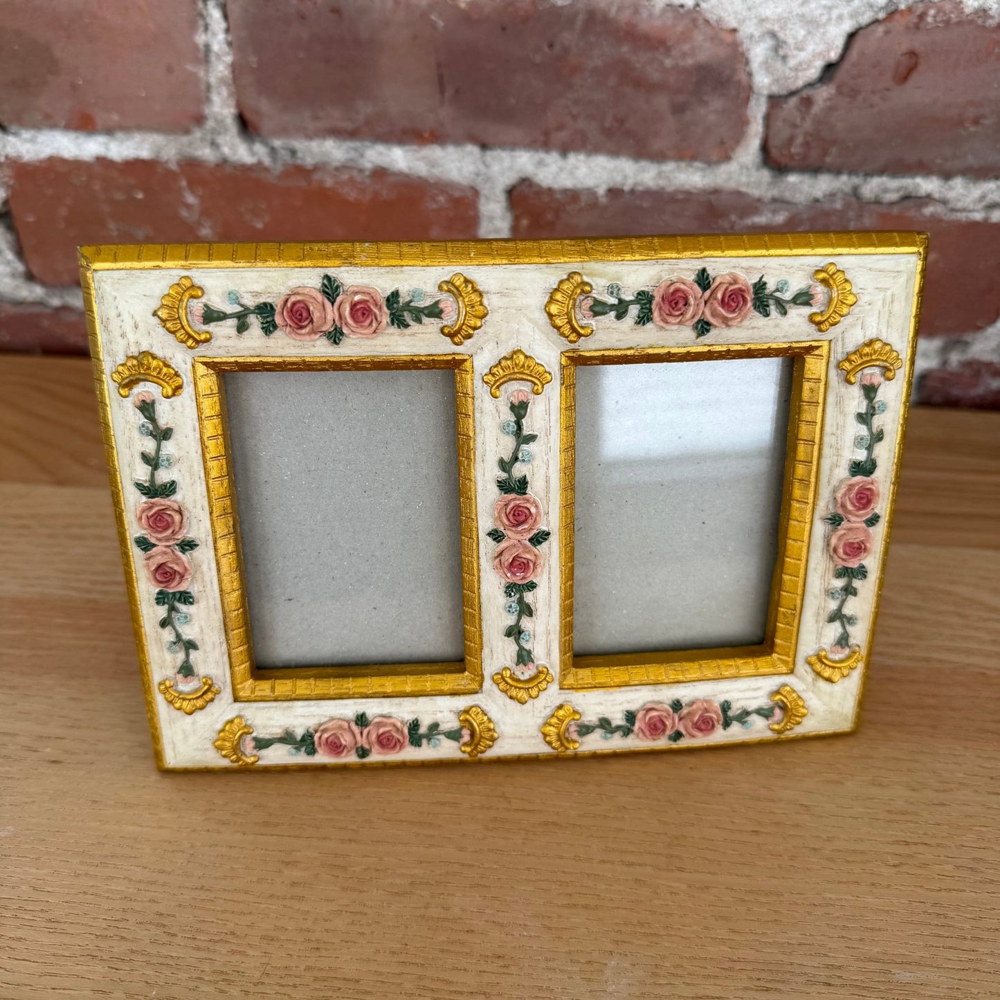 Vintage Double Photo Frame Floral Gold Gilt Roses 2x3 - Loom Vintage