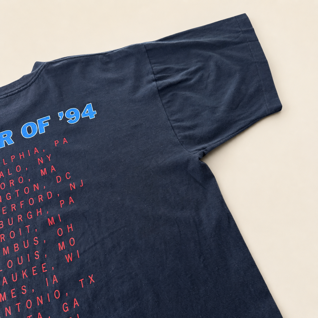 Back right sleeve of 1994 Elton John Billy Joel Face to Face tee showing Summer of '94 dates