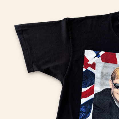 Left sleeve of Elton John Billy Joel 1994 tour t-shirt showing Union Jack flag border