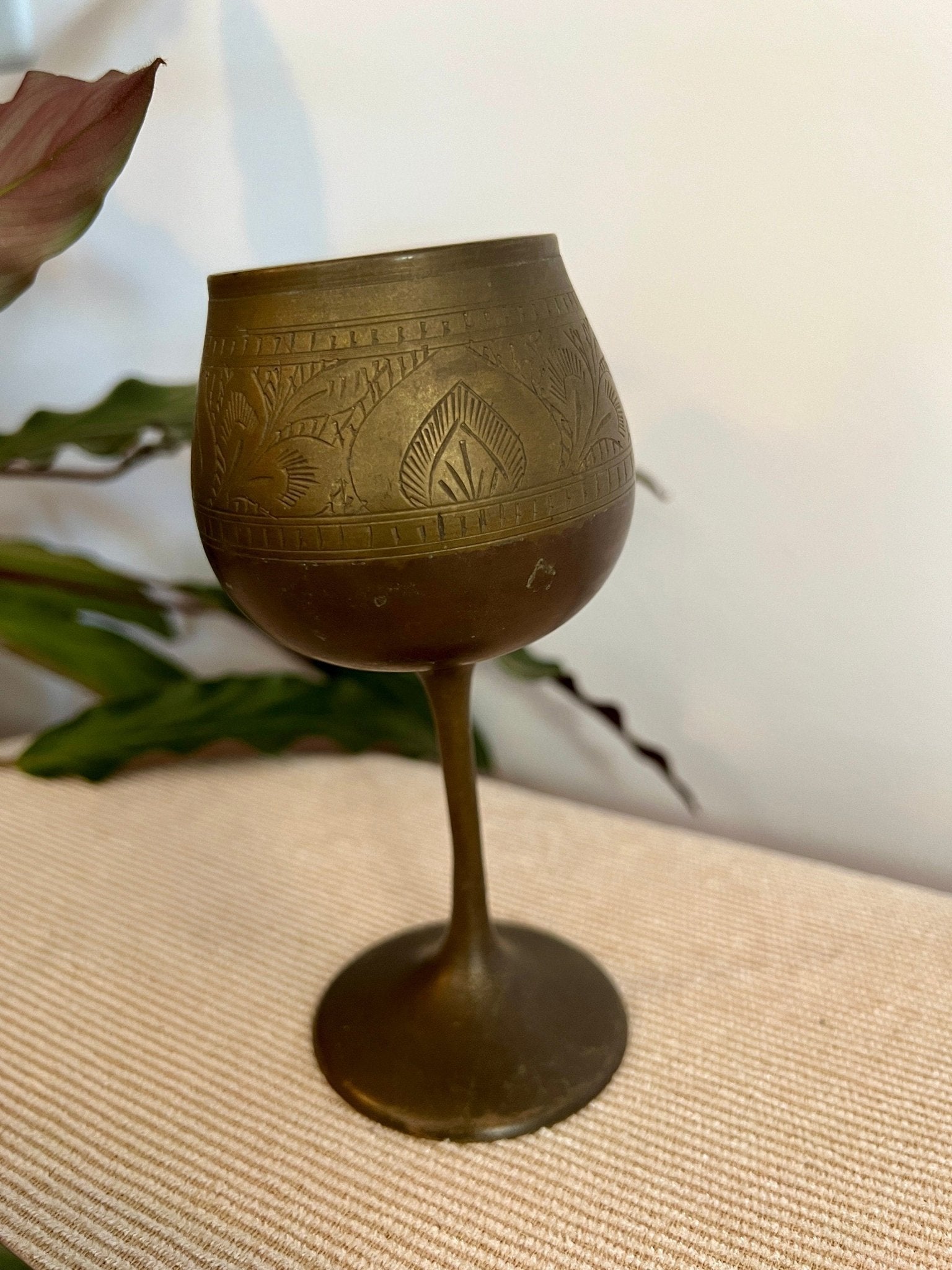 Vintage Etched Brass Chalice, Wine Glass, Gold, Elegant & Traditional Goblet, Bohemian - Loom Vintage