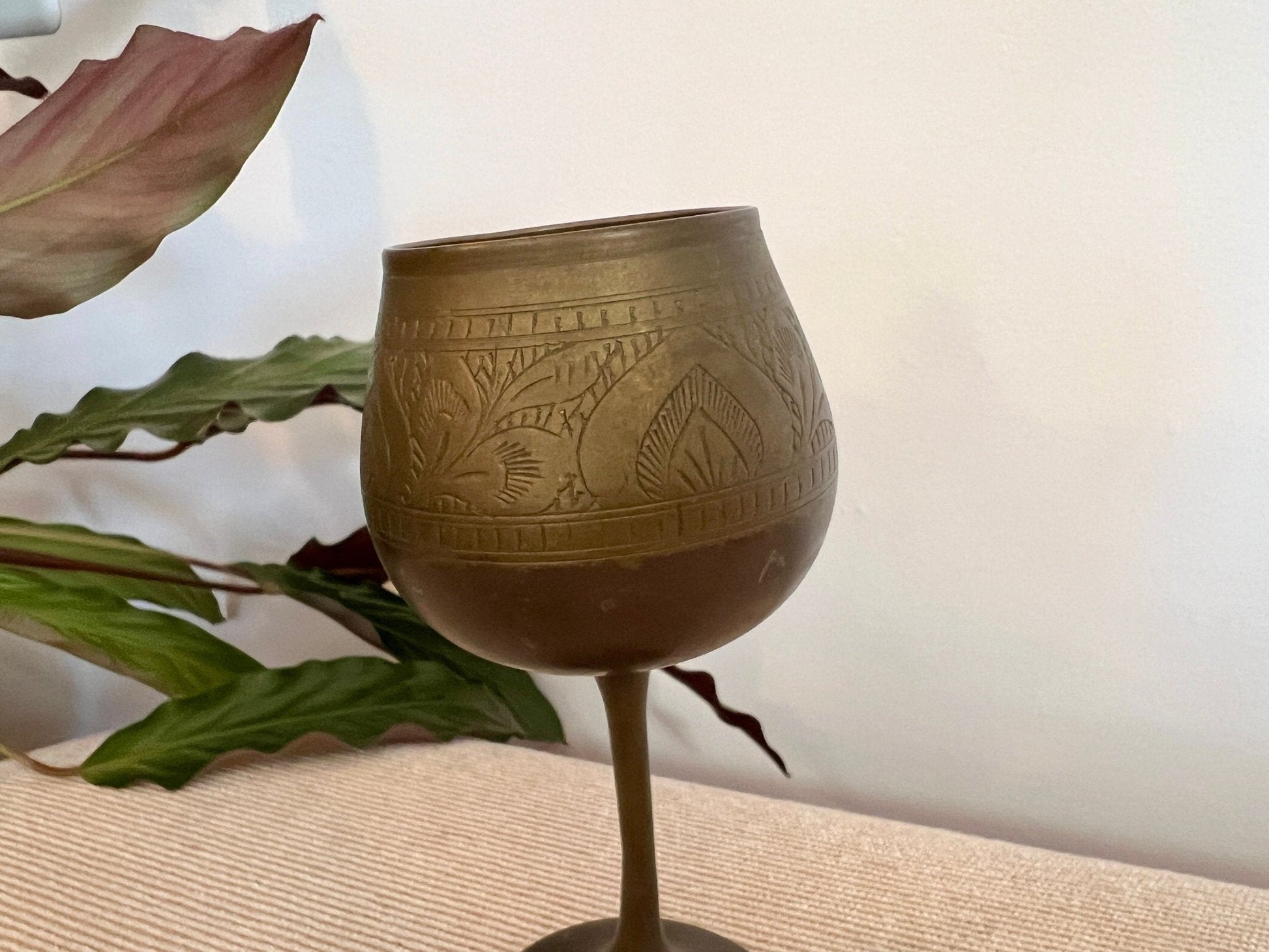 Vintage Etched Brass Chalice, Wine Glass, Gold, Elegant & Traditional Goblet, Bohemian - Loom Vintage