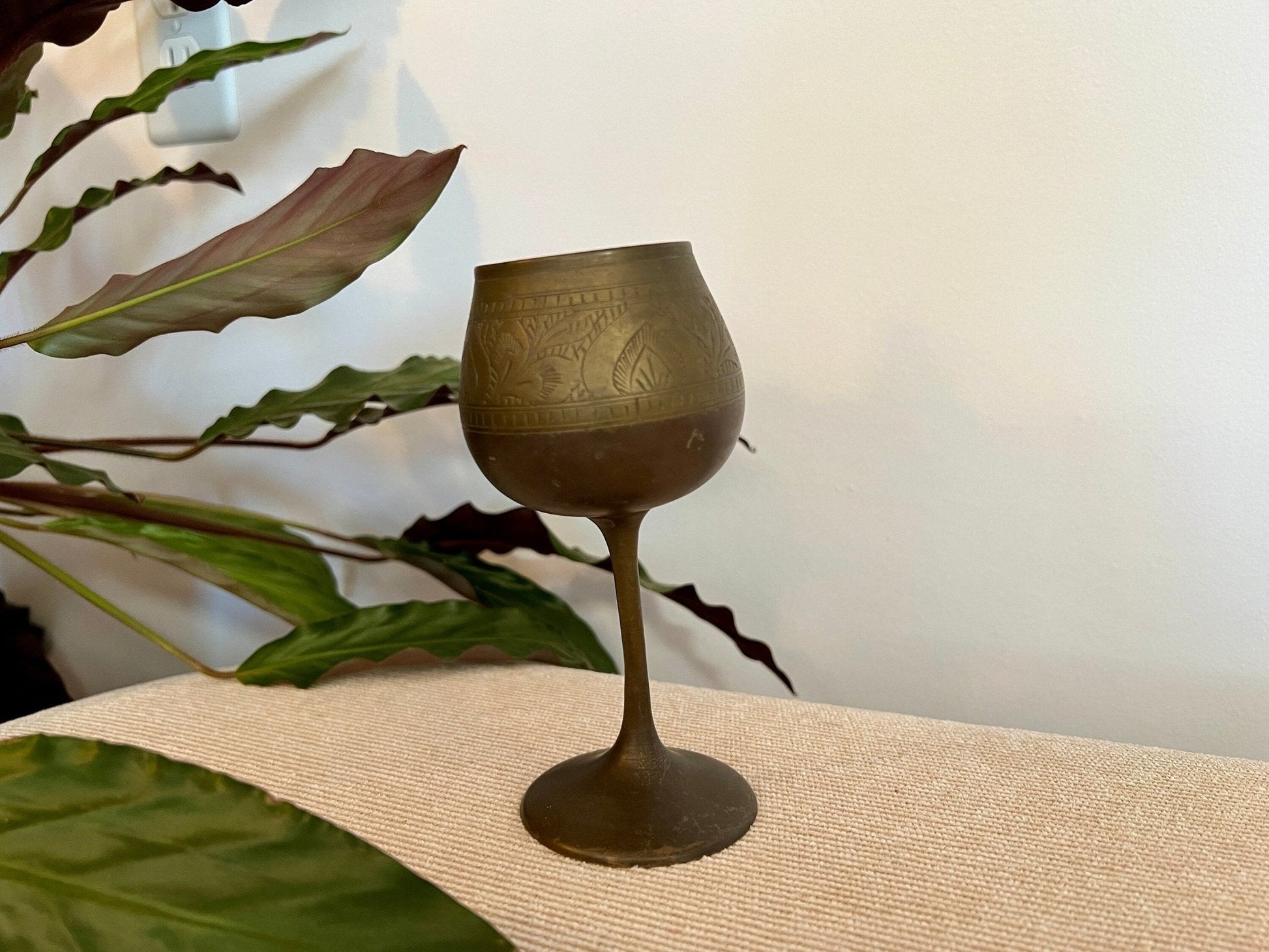 Vintage Etched Brass Chalice, Wine Glass, Gold, Elegant & Traditional Goblet, Bohemian - Loom Vintage