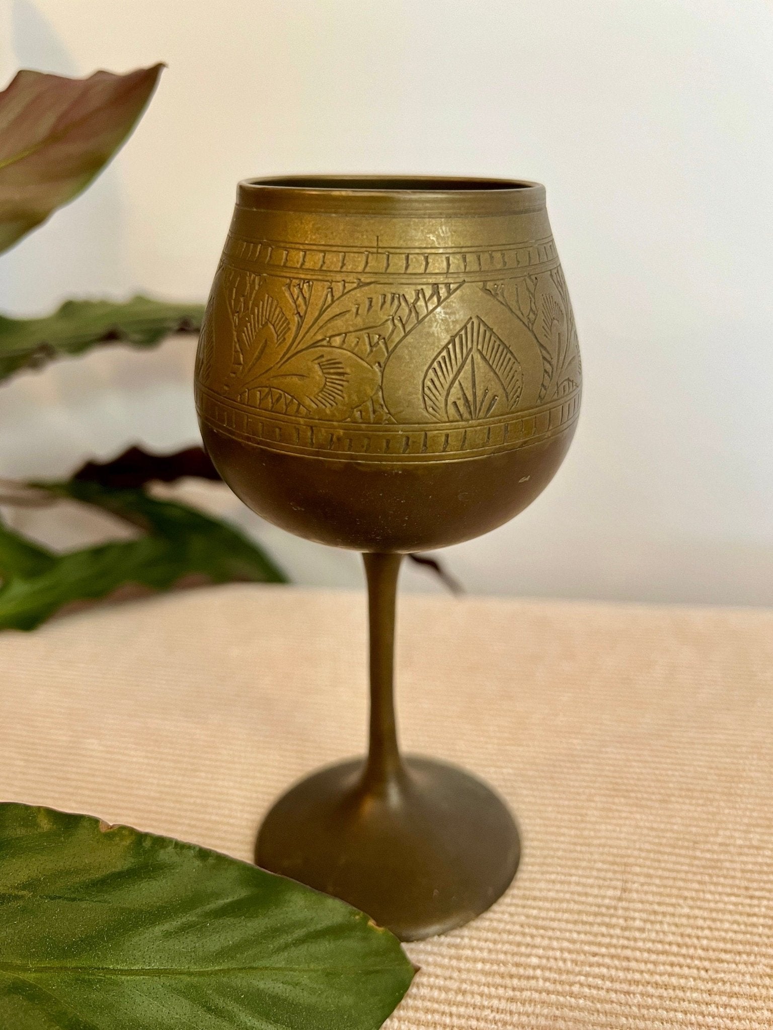 Vintage Etched Brass Chalice, Wine Glass, Gold, Elegant & Traditional Goblet, Bohemian - Loom Vintage