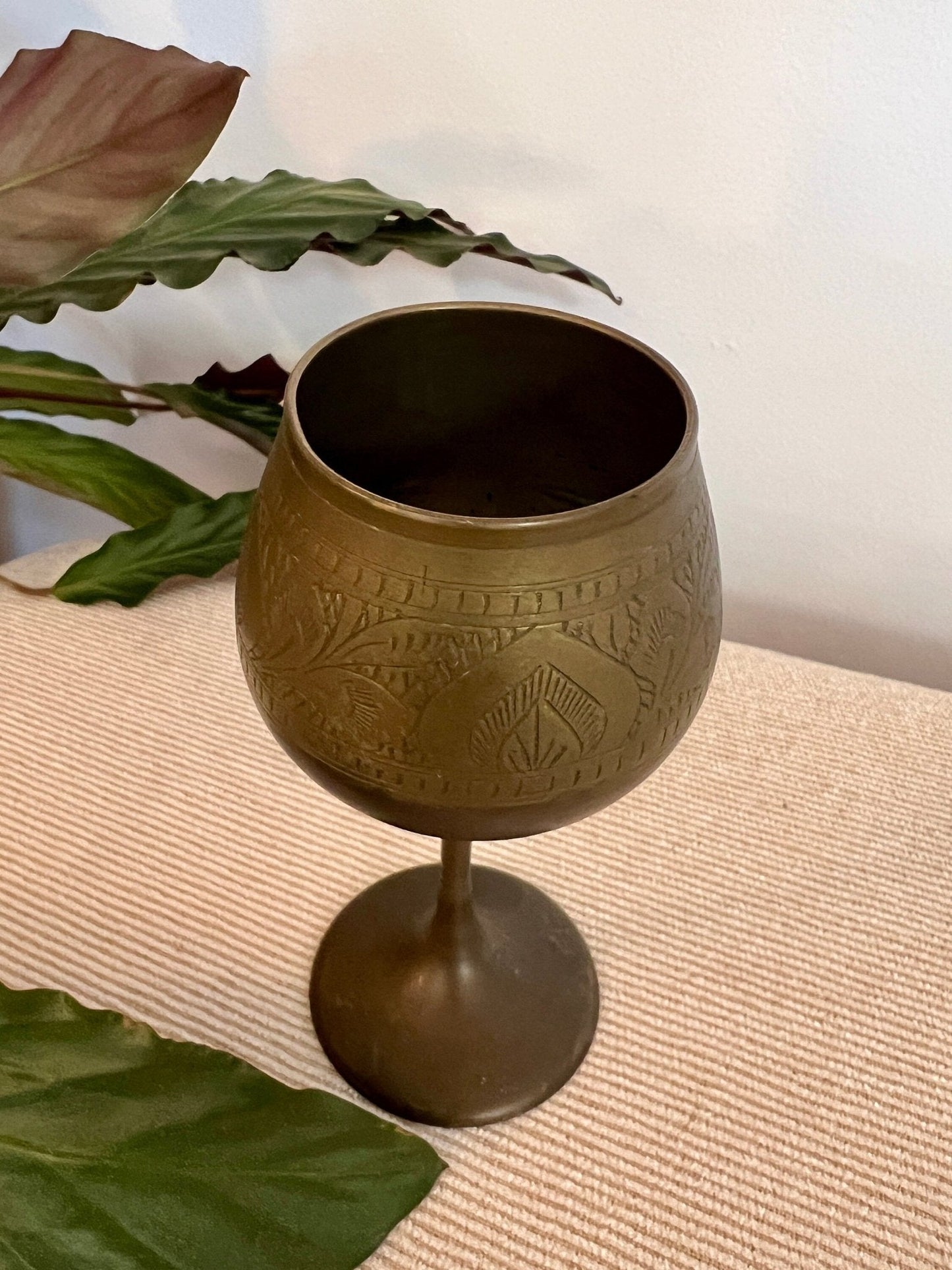 Vintage Etched Brass Chalice, Wine Glass, Gold, Elegant & Traditional Goblet, Bohemian - Loom Vintage