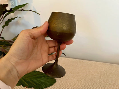 Vintage Etched Brass Chalice, Wine Glass, Gold, Elegant & Traditional Goblet, Bohemian - Loom Vintage
