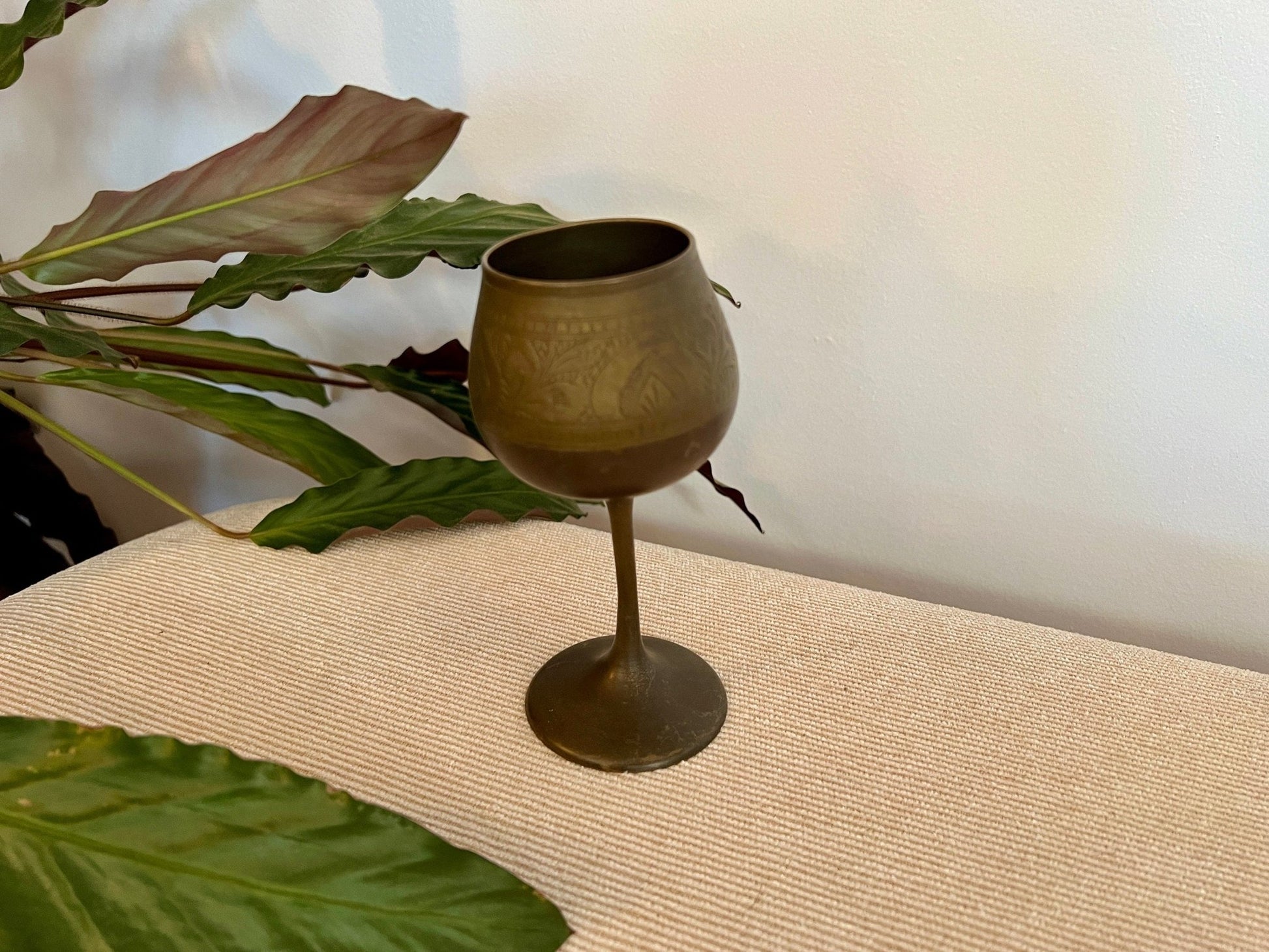 Vintage Etched Brass Chalice, Wine Glass, Gold, Elegant & Traditional Goblet, Bohemian - Loom Vintage