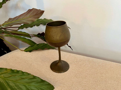 Vintage Etched Brass Chalice, Wine Glass, Gold, Elegant & Traditional Goblet, Bohemian - Loom Vintage