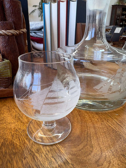 Vintage Etched Clipper Ship Decanter and Glasses, Etched Nautical Drinkware - Loom Vintage