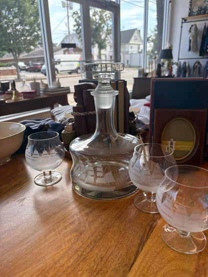 Vintage Etched Clipper Ship Decanter and Glasses, Etched Nautical Drinkware - Loom Vintage