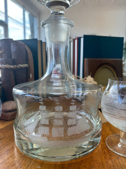 Vintage Etched Clipper Ship Decanter and Glasses, Etched Nautical Drinkware - Loom Vintage