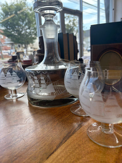 Vintage Etched Clipper Ship Decanter and Glasses, Etched Nautical Drinkware - Loom Vintage