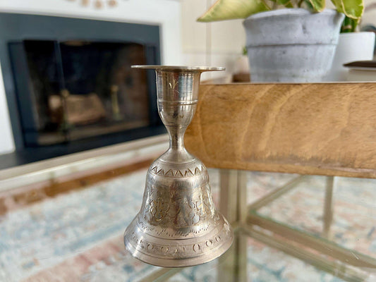 Vintage Etched Silver Bell, Candlestick Holder & Dinner Bell, photo 1 of 9
