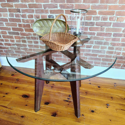 Vintage Ethan Allen American Impressions round glass dining table with solid wood base, 42 inch diameter