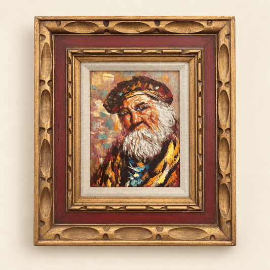 Vintage mid-century expressionist oil portrait of a bearded man in a beret, framed, photo 1 of 7