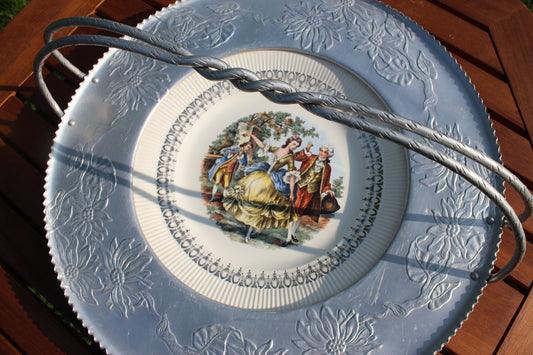 Vintage Farber & Shlevin Aluminum Tray / Homer Laughlin Plate Platter / Poinsettia Daisy Flower Victorian Couple Hand Wrought / Carrier - Loom Vintage
