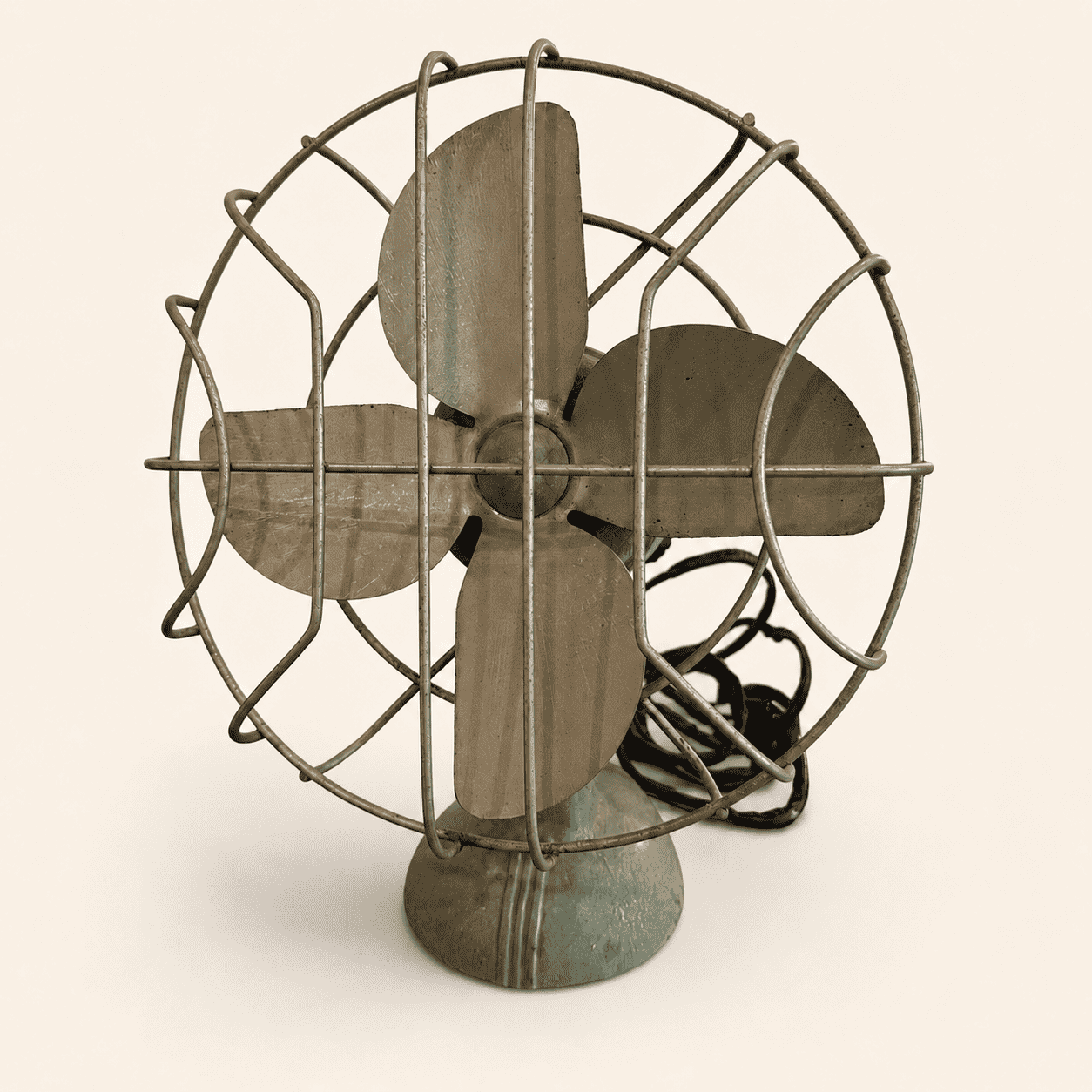 Vintage Faultless sage green metal electric desk fan, three-quarter angle view