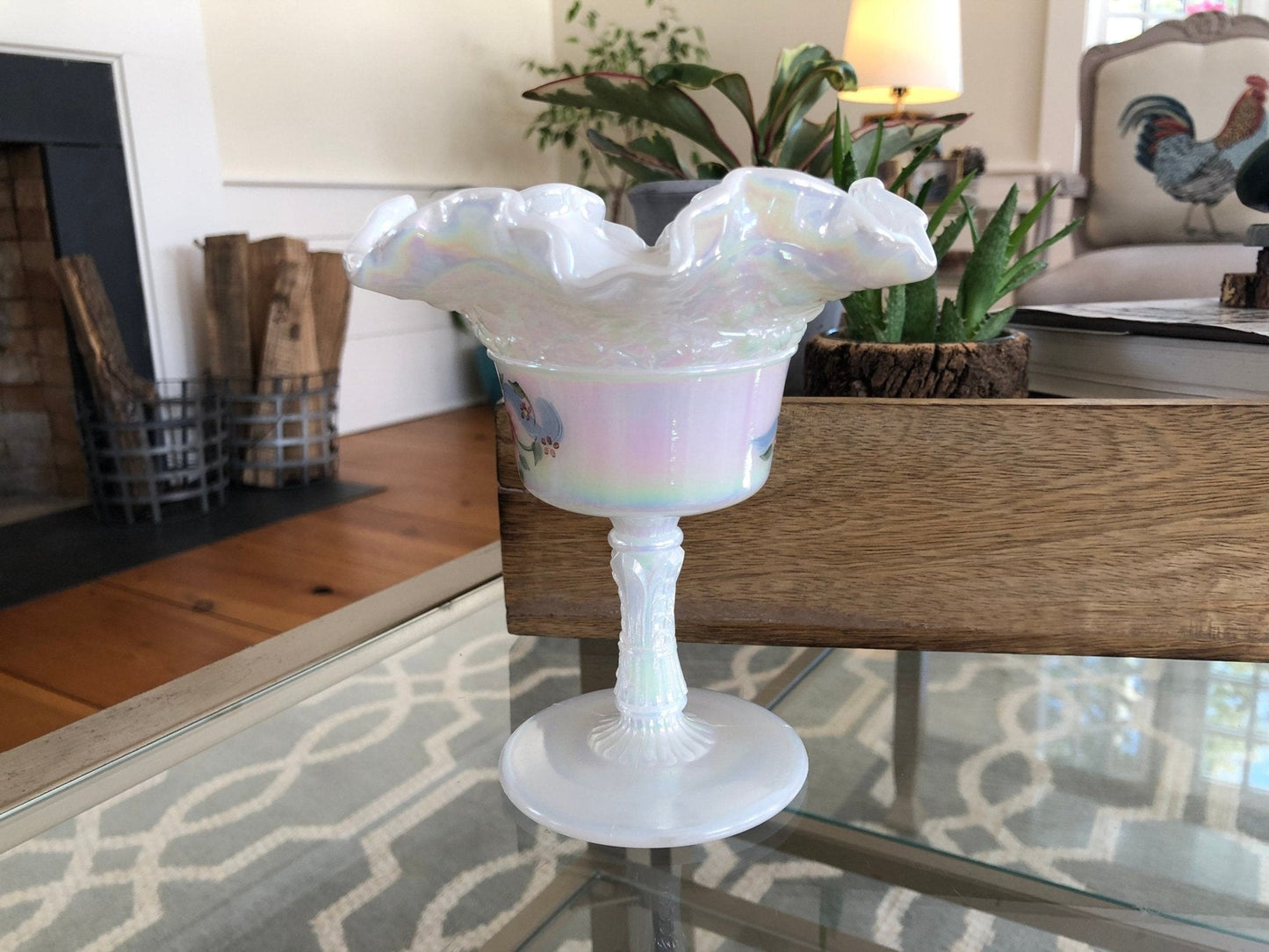 Vintage Fenton Hand Painted Ruffled Pedestal Dish - Loom Vintage