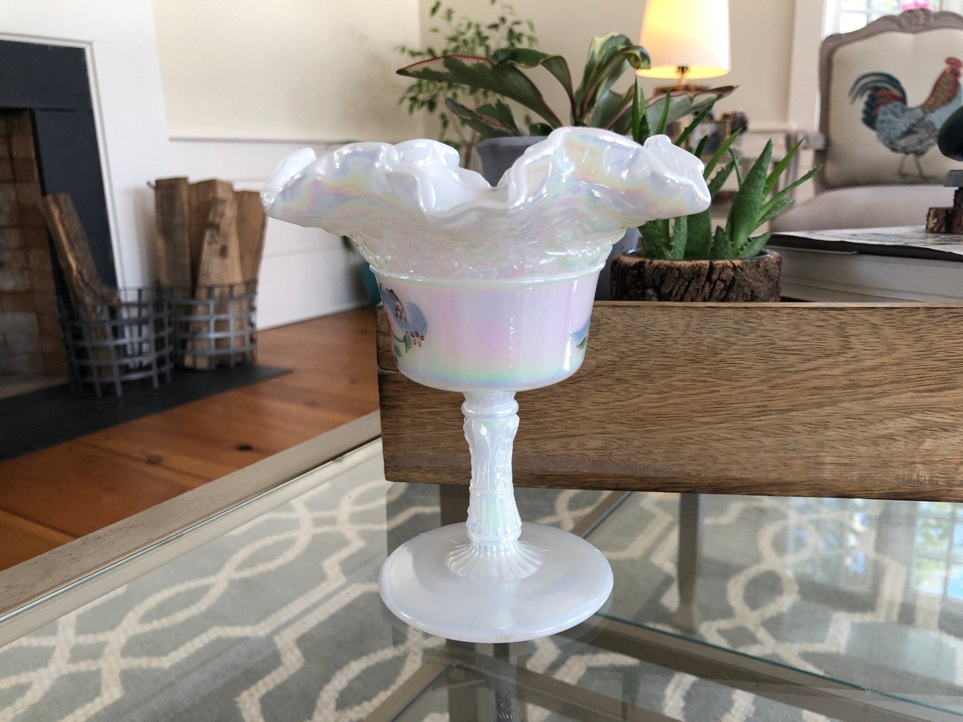Vintage Fenton Hand Painted Ruffled Pedestal Dish - Loom Vintage