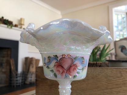 Vintage Fenton Hand Painted Ruffled Pedestal Dish - Loom Vintage