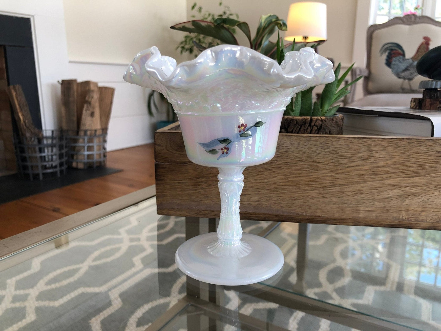 Vintage Fenton Hand Painted Ruffled Pedestal Dish - Loom Vintage