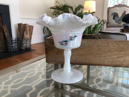 Vintage Fenton Hand Painted Ruffled Pedestal Dish - Loom Vintage