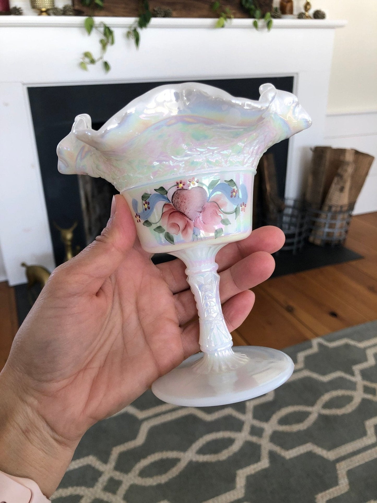 Vintage Fenton Hand Painted Ruffled Pedestal Dish - Loom Vintage