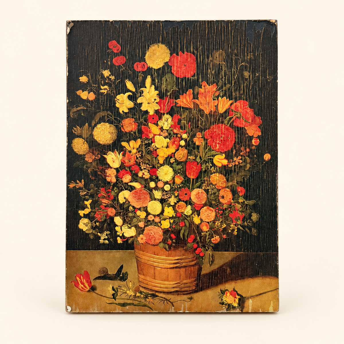Vintage Flemish flower still life painting on small wood panel, bouquet in wooden tub, front view, photo 1 of 4