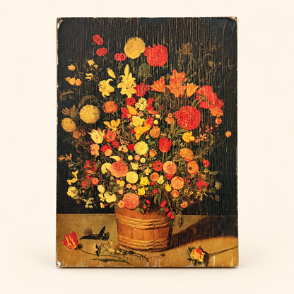 Vintage Flemish flower still life painting on small wood panel, bouquet in wooden tub, front view, photo 1 of 4