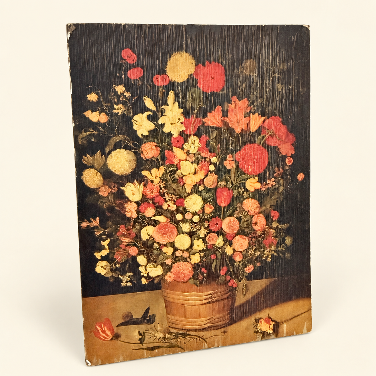 Angled view of small Flemish flower painting on wood panel, photo 2 of 4