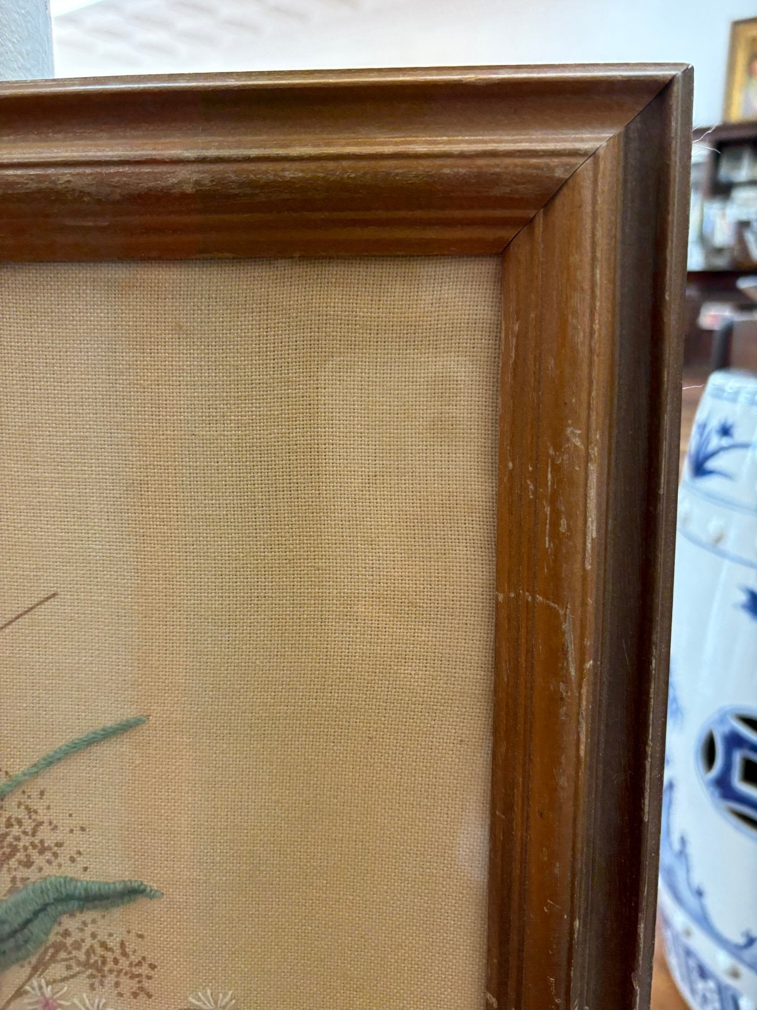 Vintage Floral Crewel Embroidery — Framed Bouquet on Linen, 23" × 19", c. 1960s–70s - Loom Vintage