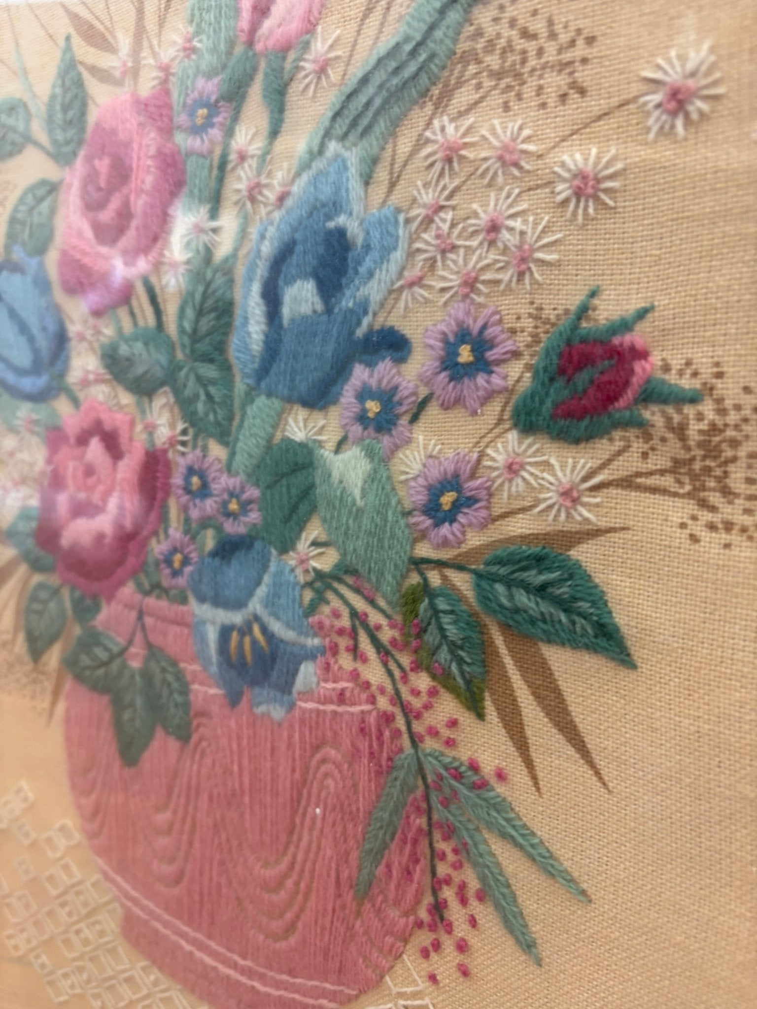 Vintage Floral Crewel Embroidery — Framed Bouquet on Linen, 23" × 19", c. 1960s–70s - Loom Vintage