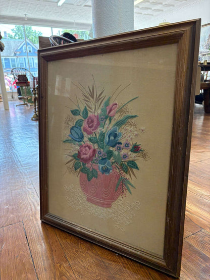 Vintage Floral Crewel Embroidery — Framed Bouquet on Linen, 23" × 19", c. 1960s–70s - Loom Vintage