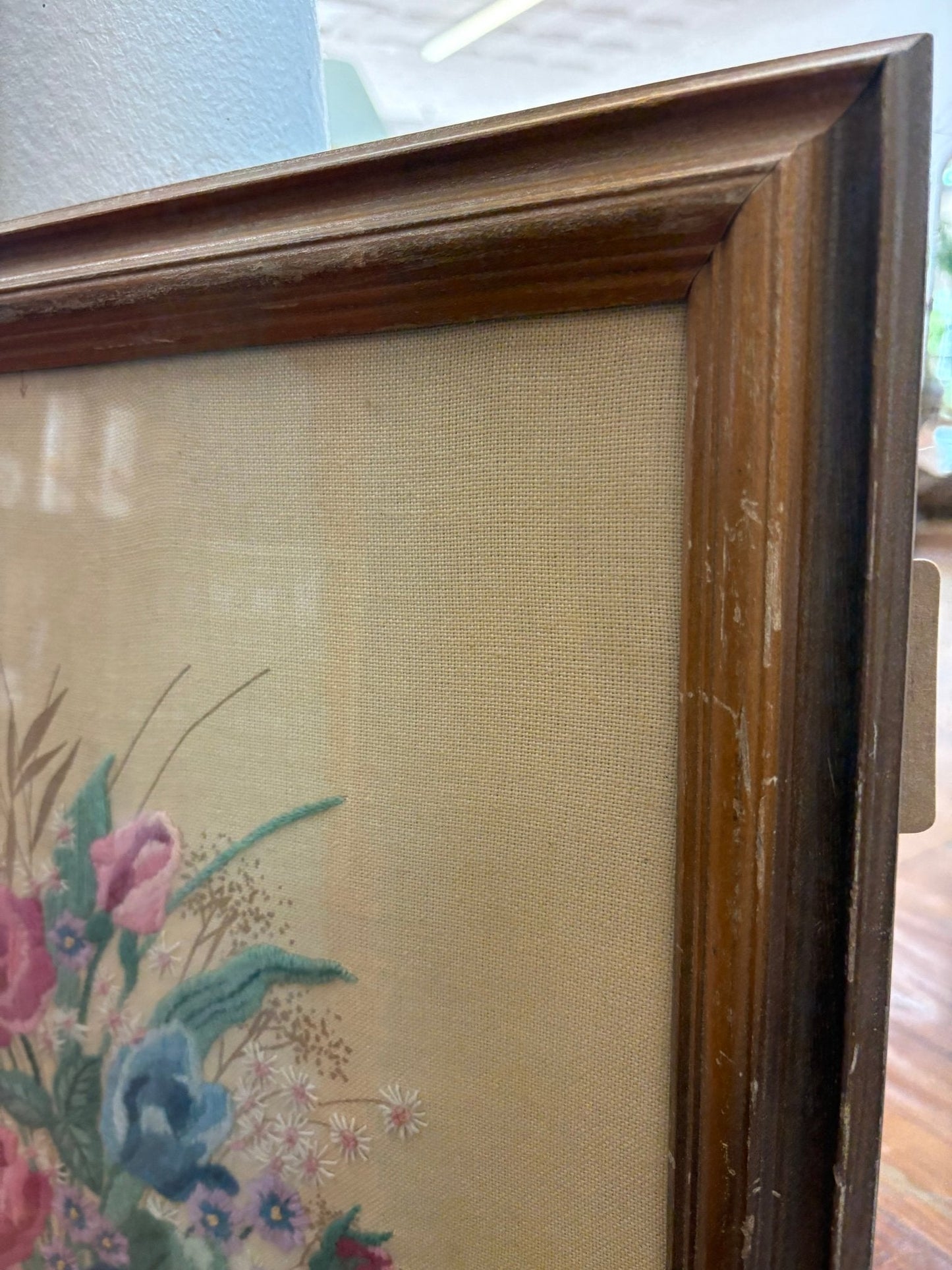 Vintage Floral Crewel Embroidery — Framed Bouquet on Linen, 23" × 19", c. 1960s–70s - Loom Vintage