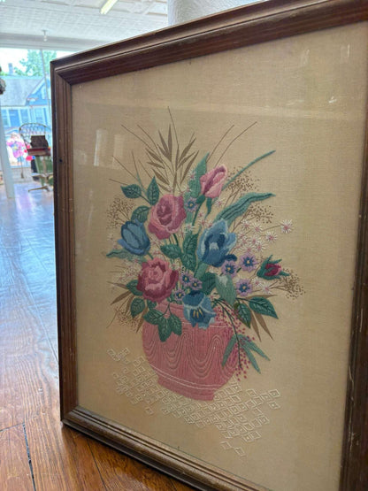 Vintage Floral Crewel Embroidery — Framed Bouquet on Linen, 23" × 19", c. 1960s–70s - Loom Vintage