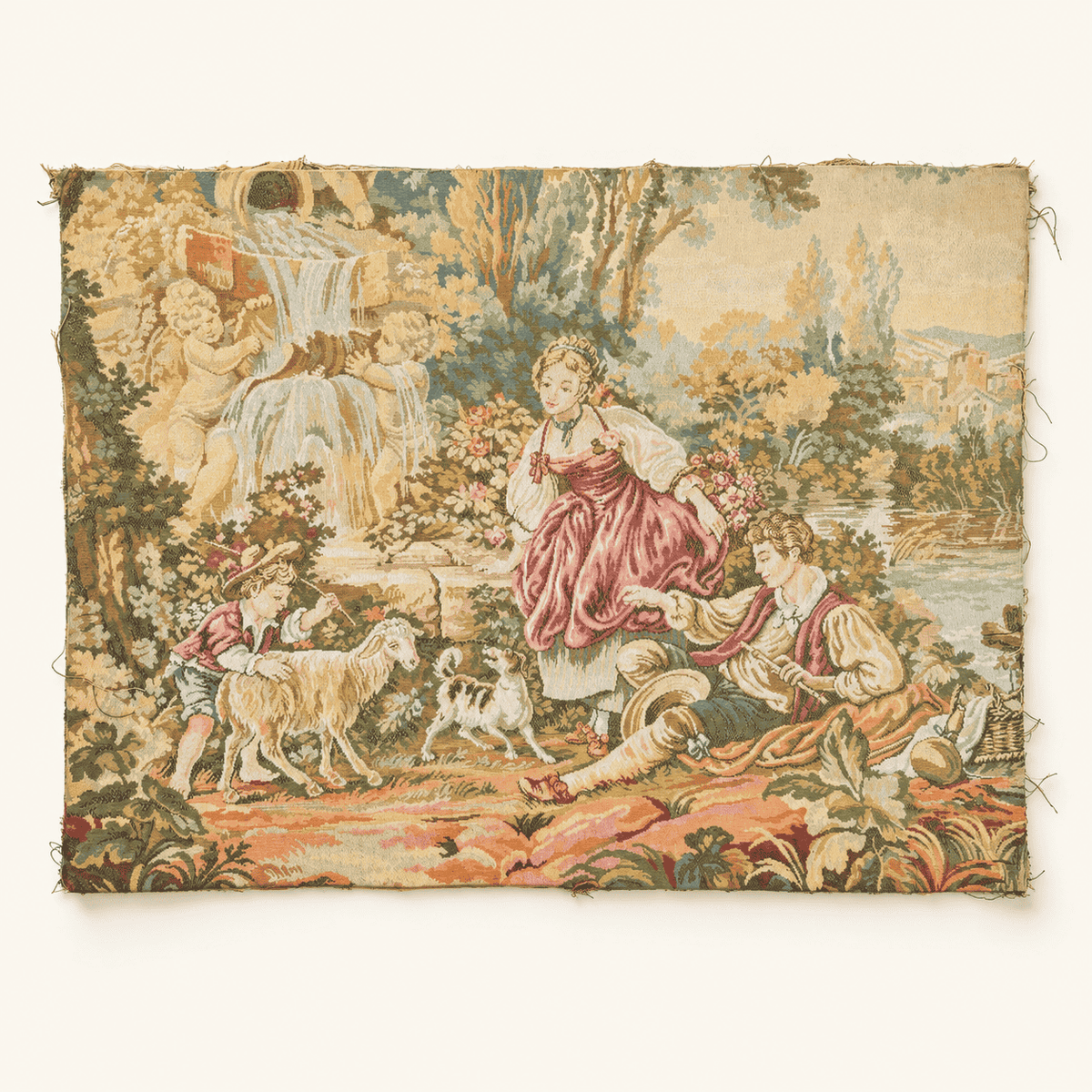Vintage French Rococo pastoral tapestry, full front view, 40 by 30 inches