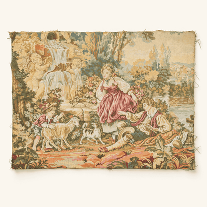 Vintage French Rococo pastoral tapestry, full front view, 40 by 30 inches