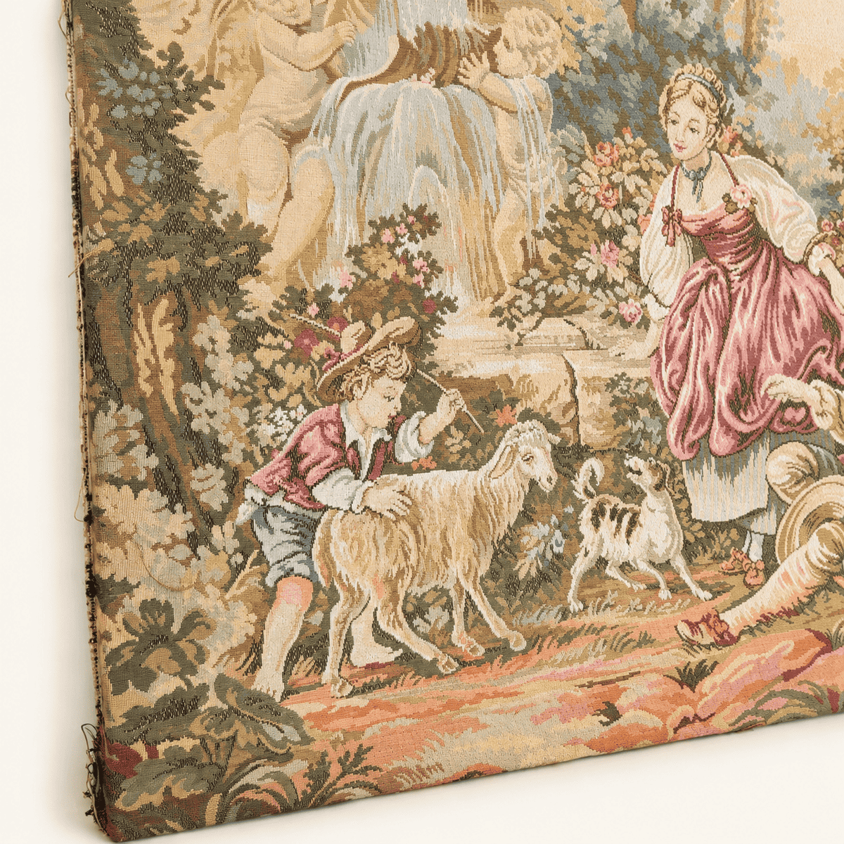Close up of a boy with a sheep and a spotted dog on a vintage jacquard tapestry
